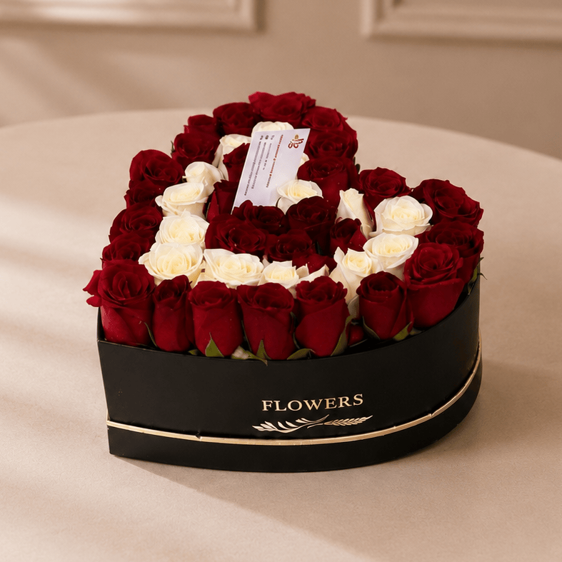 Blooms & Gifts Noir Doux Black Heart Box Small with Red & White Roses