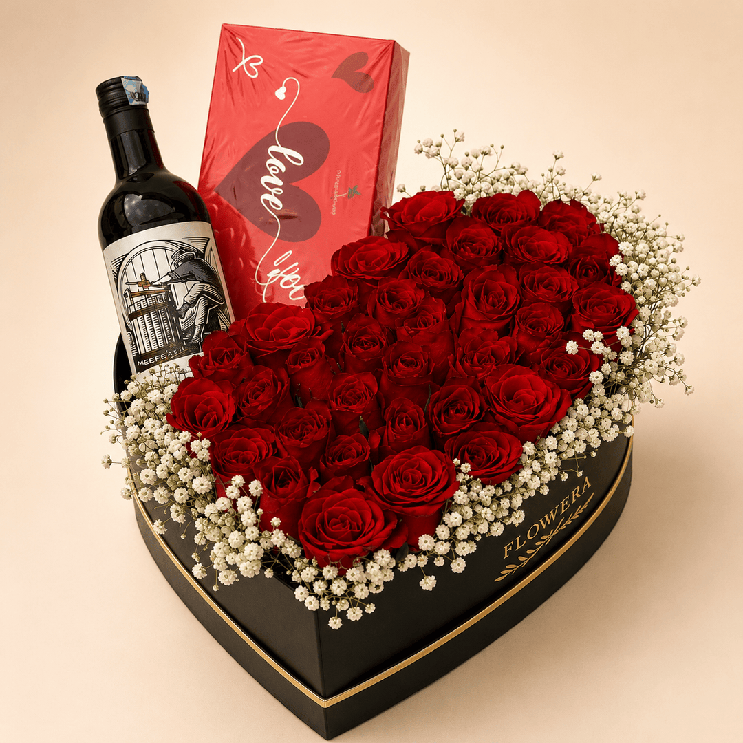 Blooms & Gifts Noir Rouge Black Heart Box with Red Roses, Love Chocolate & Kleinerust Wine
