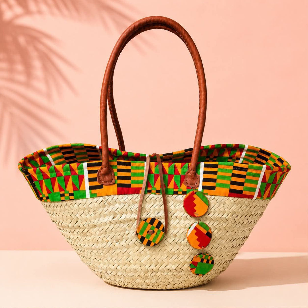 Blooms & Gifts Orange Ankara Basket with Leather Handles