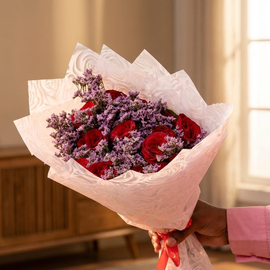 Blooms & Gifts Passion Douce Red Roses & Pink Limonium Bouquet