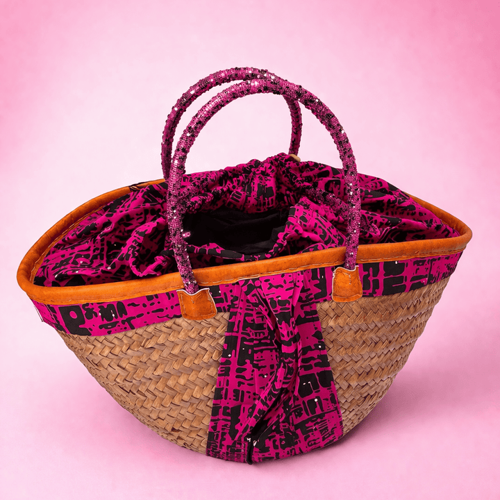 Blooms & Gifts Pink Ankara Lined Basket With Beaded Handle