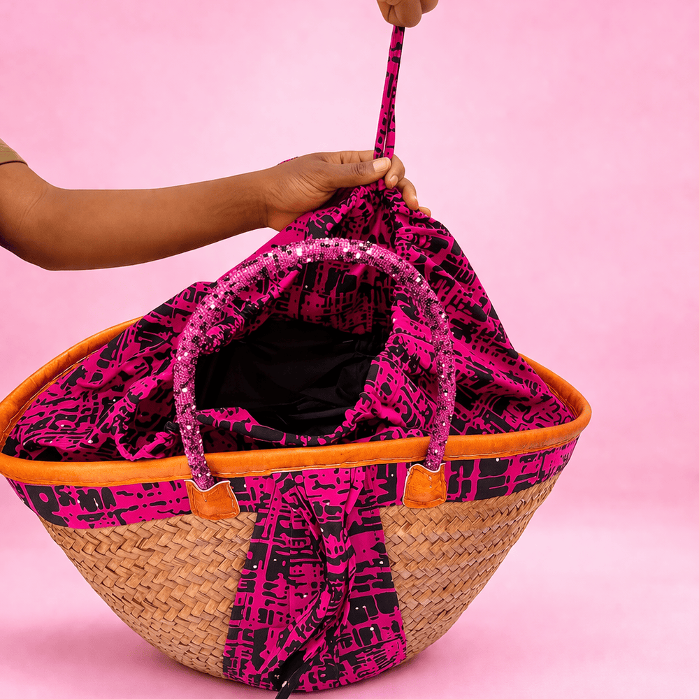Blooms & Gifts Pink Ankara Lined Basket With Beaded Handle