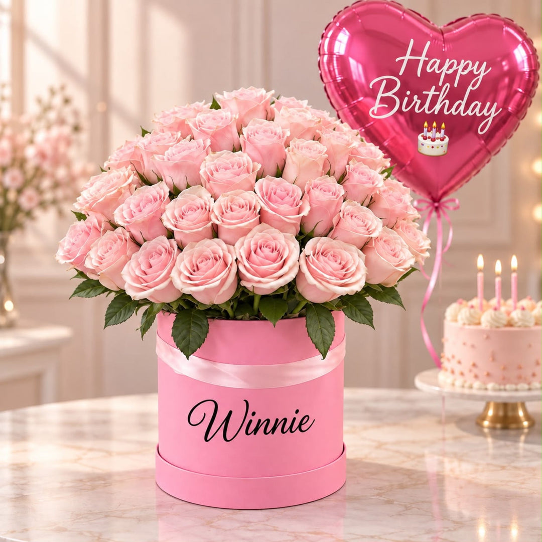 Blooms & Gifts Pink Champagne 80 Light Pink Roses Large Round Box with Balloon