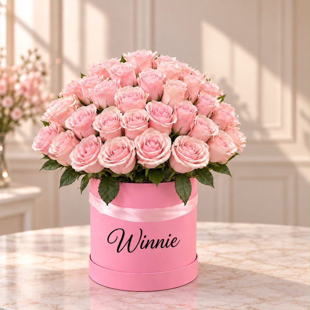 Blooms & Gifts Pink Champagne 80 Light Pink Roses Large Round Box with Balloon