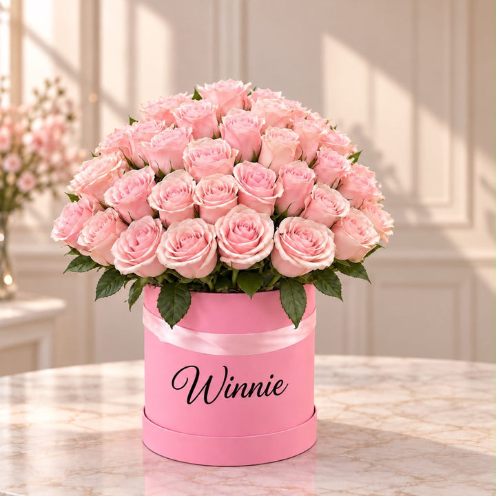 Blooms & Gifts Pink Champagne 80 Light Pink Roses Large Round Box with Balloon