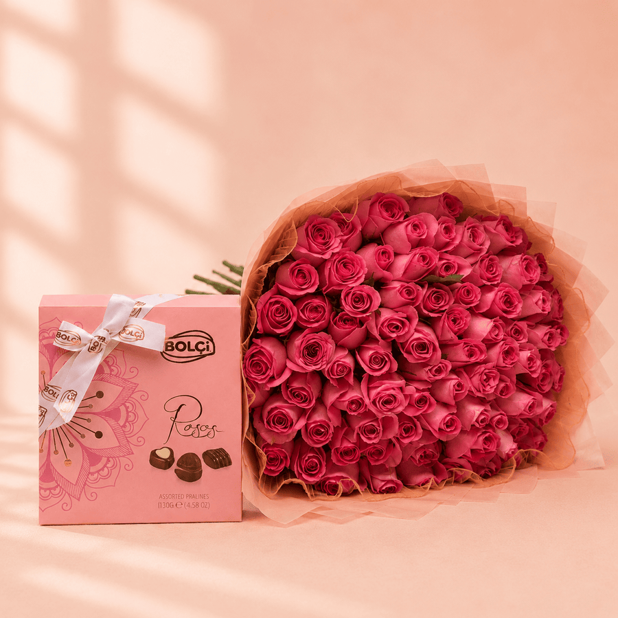 Blooms & Gifts Pink Cloud & Pralines – 60 Baby Pink Roses & Chocolates