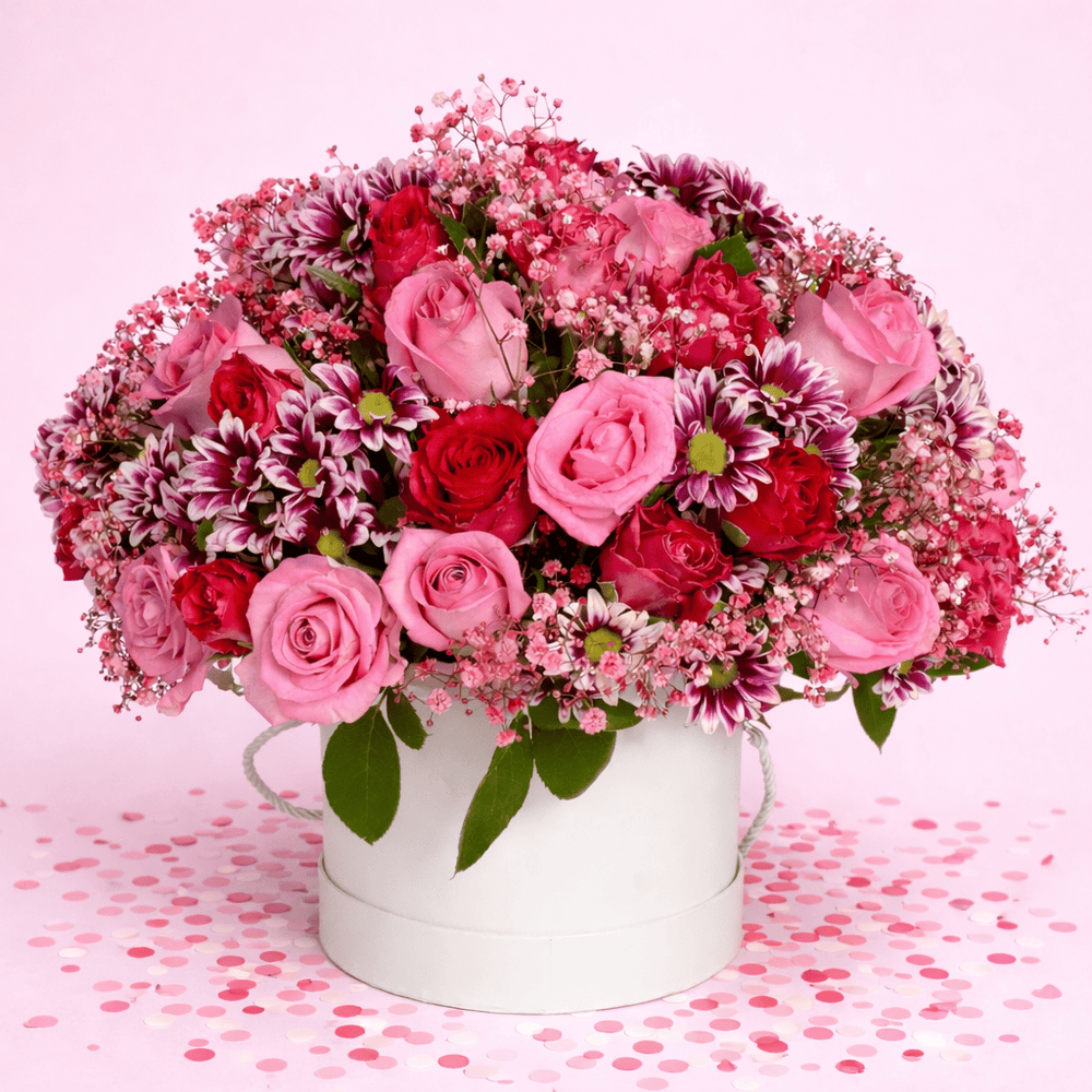 Blooms & Gifts Pink Harmony Roses & Purple Mums Box