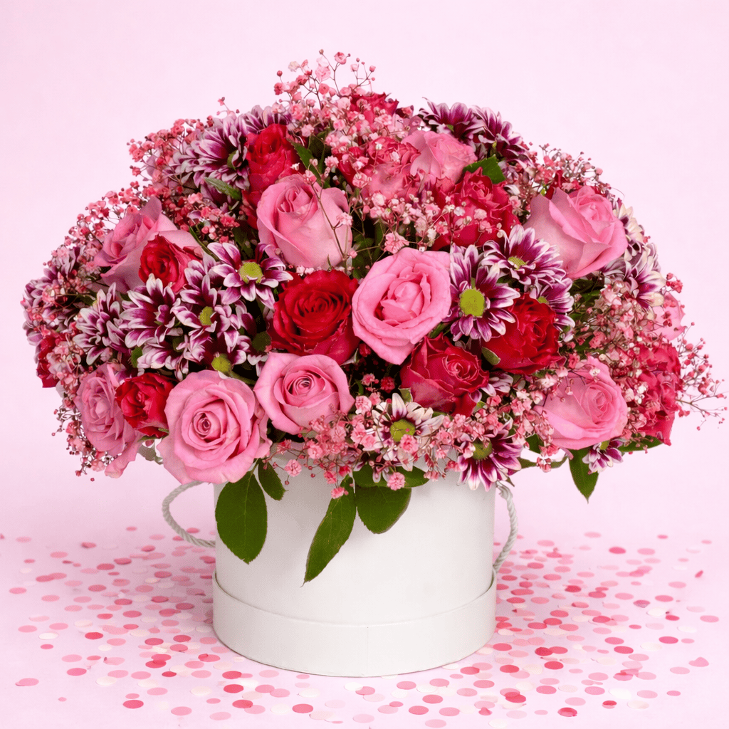 Blooms & Gifts Pink Harmony Roses & Purple Mums Box