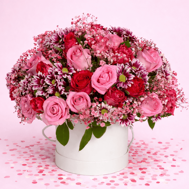 Blooms & Gifts Pink Harmony Roses & Purple Mums Box