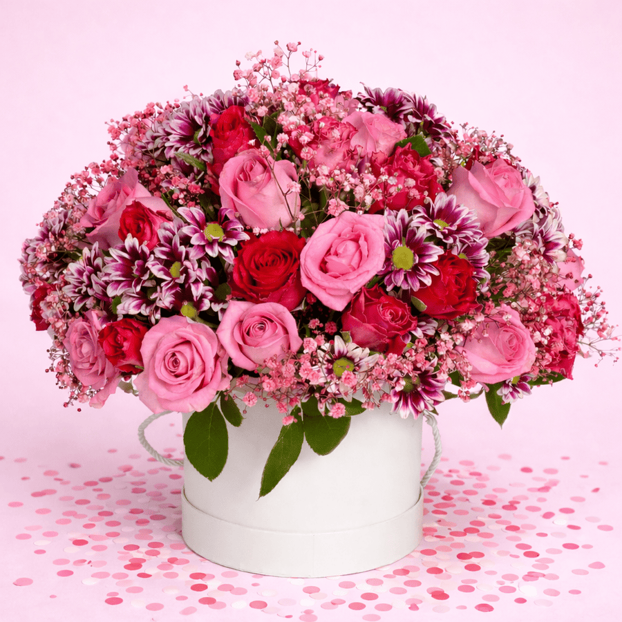 Blooms & Gifts Pink Harmony Roses & Purple Mums Box
