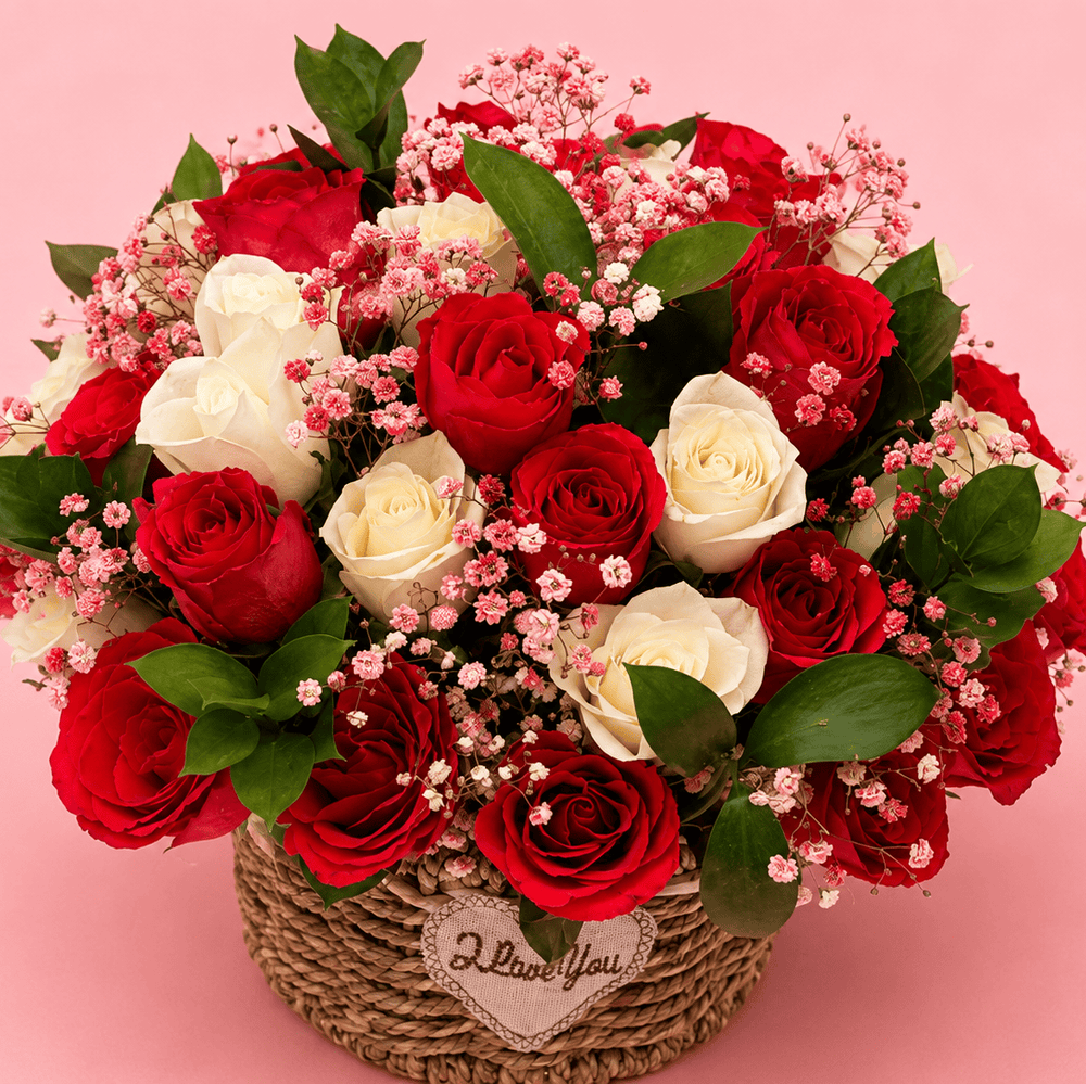 Blooms & Gifts Pink Kisses Hot Pink & White Roses Basket