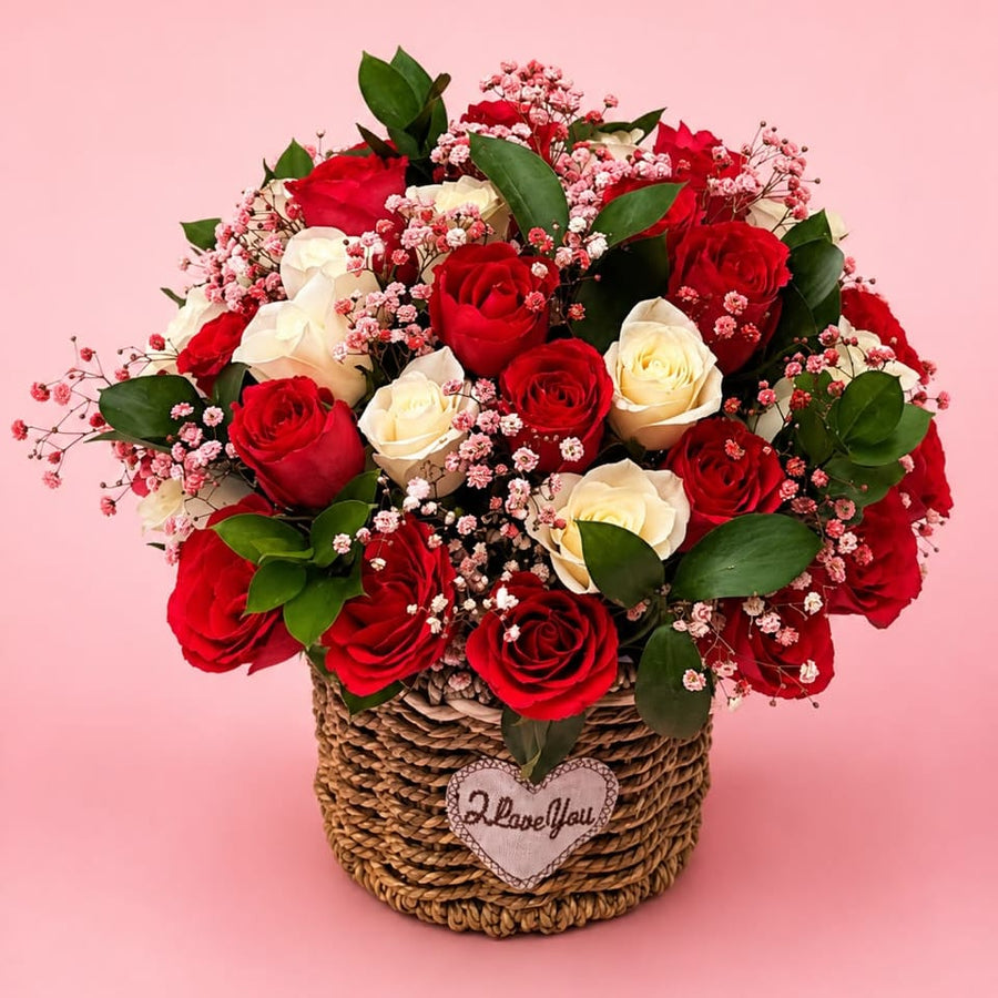 Blooms & Gifts Pink Kisses Hot Pink & White Roses Basket