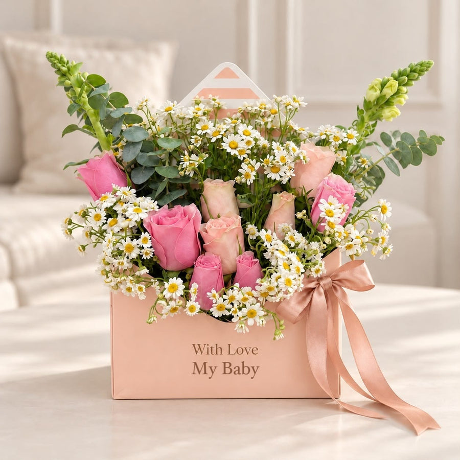 Blooms & Gifts Pink Letter Peach & Pink Rose, Snapdragon & Daisy Envelope Box