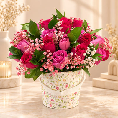 Blooms & Gifts Pink Pearl Hot Pink Rose & Gypsophila Floral Bucket