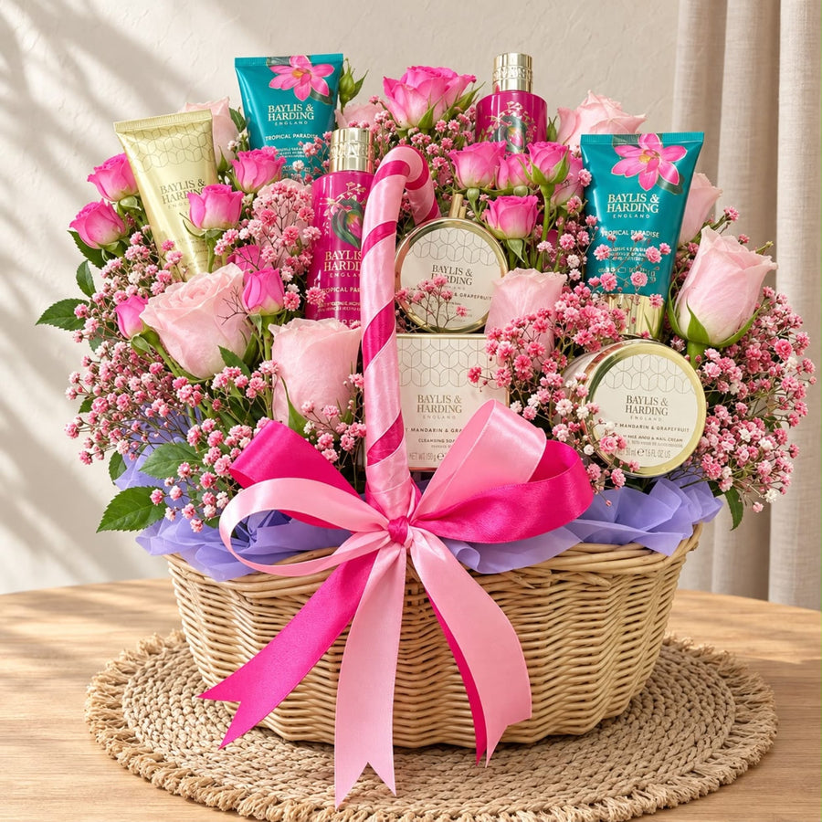 Blooms & Gifts Pink Retreat Spray Rose Basket with Baylis & Harding Pamper Set