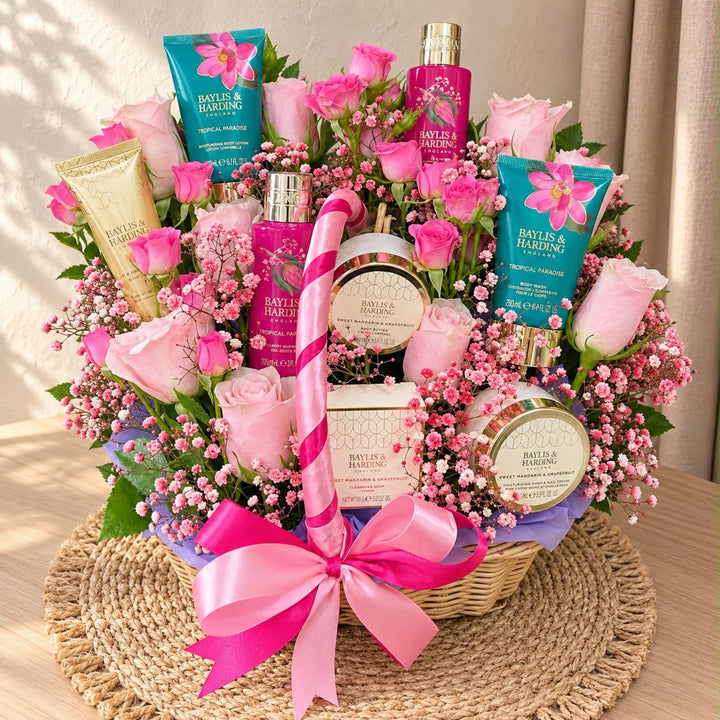 Blooms & Gifts Pink Retreat Spray Rose Basket with Baylis & Harding Pamper Set
