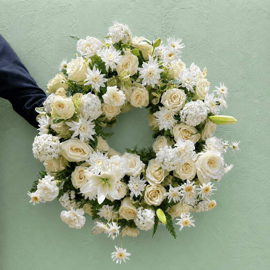 Blooms & Gifts Pure Serenity White Rose, Mum & Carnation Sympathy Wreath