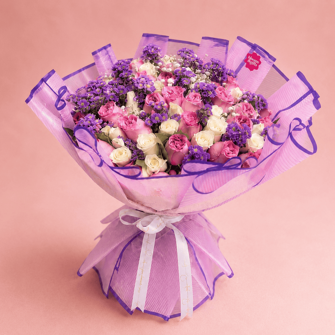 Blooms & Gifts Purple Reign – Purple Rose, White Rose & Mixed Blooms Bouquet