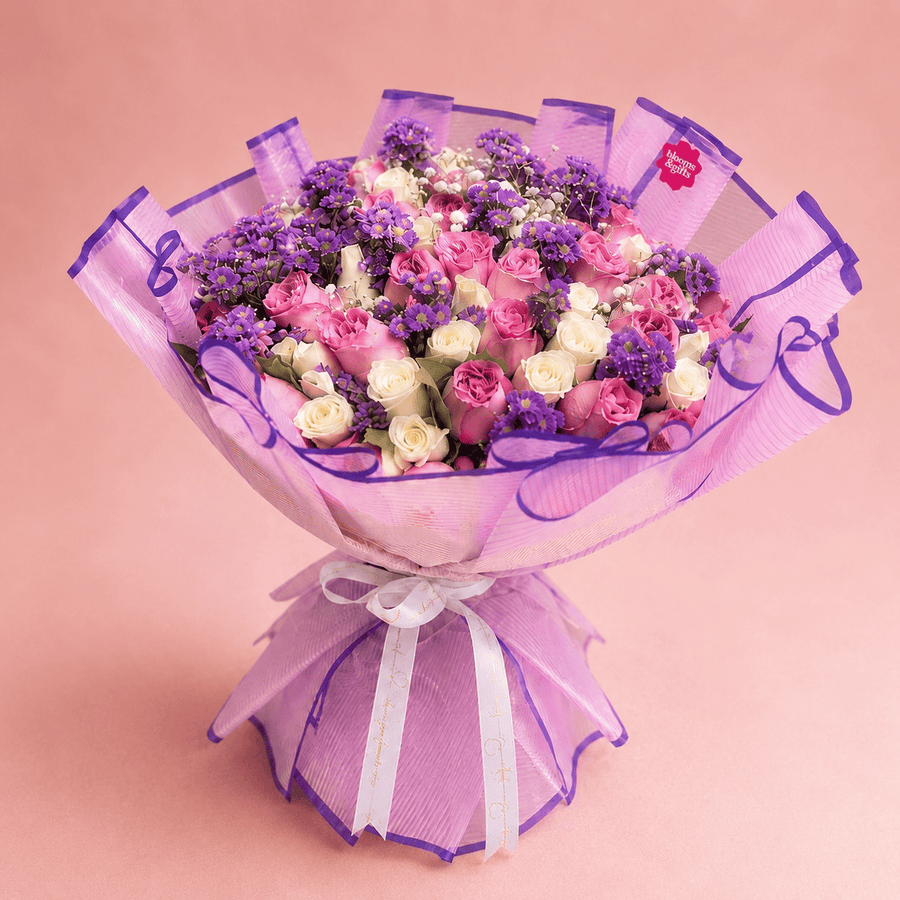 Blooms & Gifts Purple Reign – Purple Rose, White Rose & Mixed Blooms Bouquet
