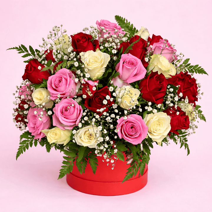 Blooms & Gifts Rose Elegance Mixed Red, White & Pink Roses Arrangement