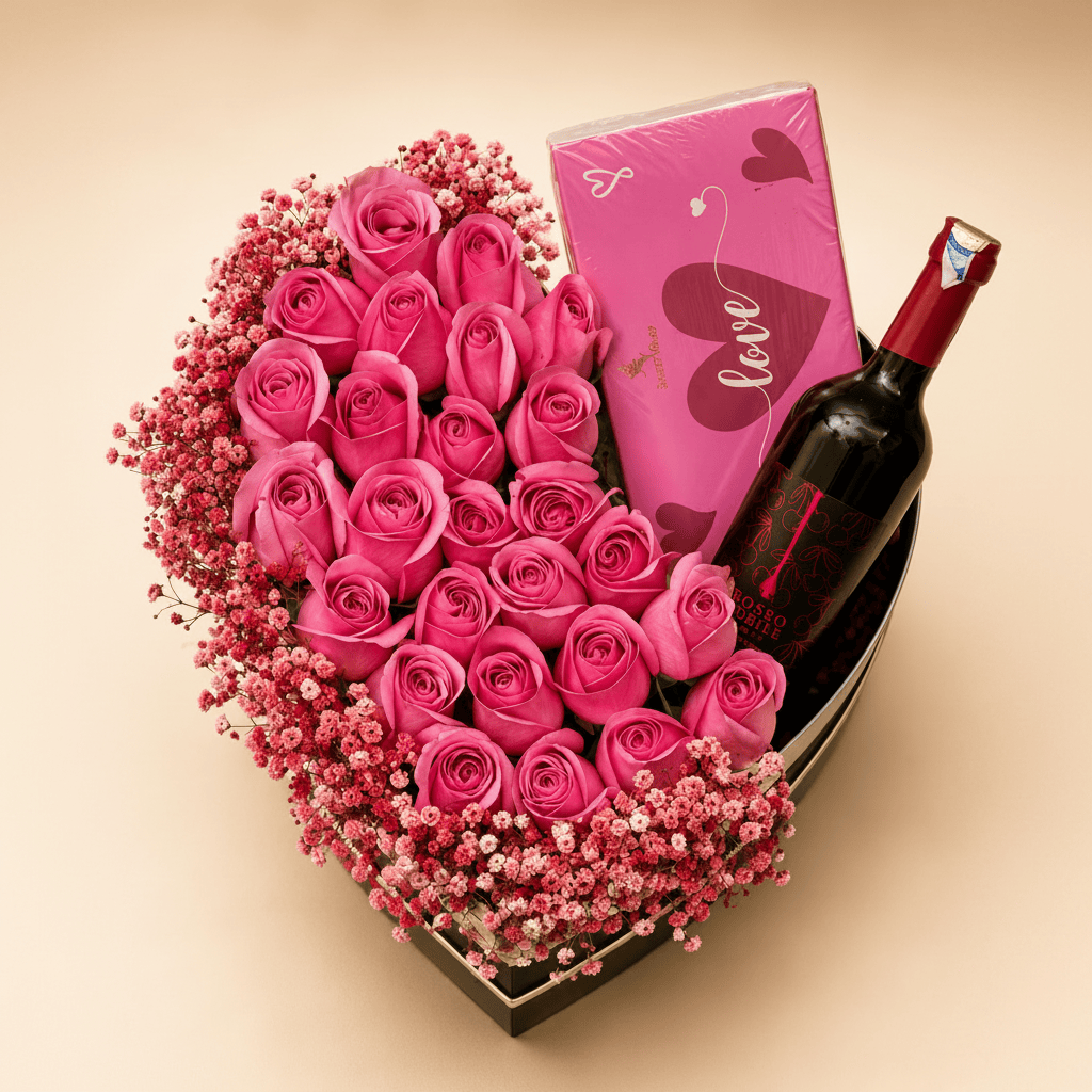 Blooms & Gifts Rose Petal Pink Heart Box with Baby Pink Roses, Love Chocolate & Rosso Nobile Wine