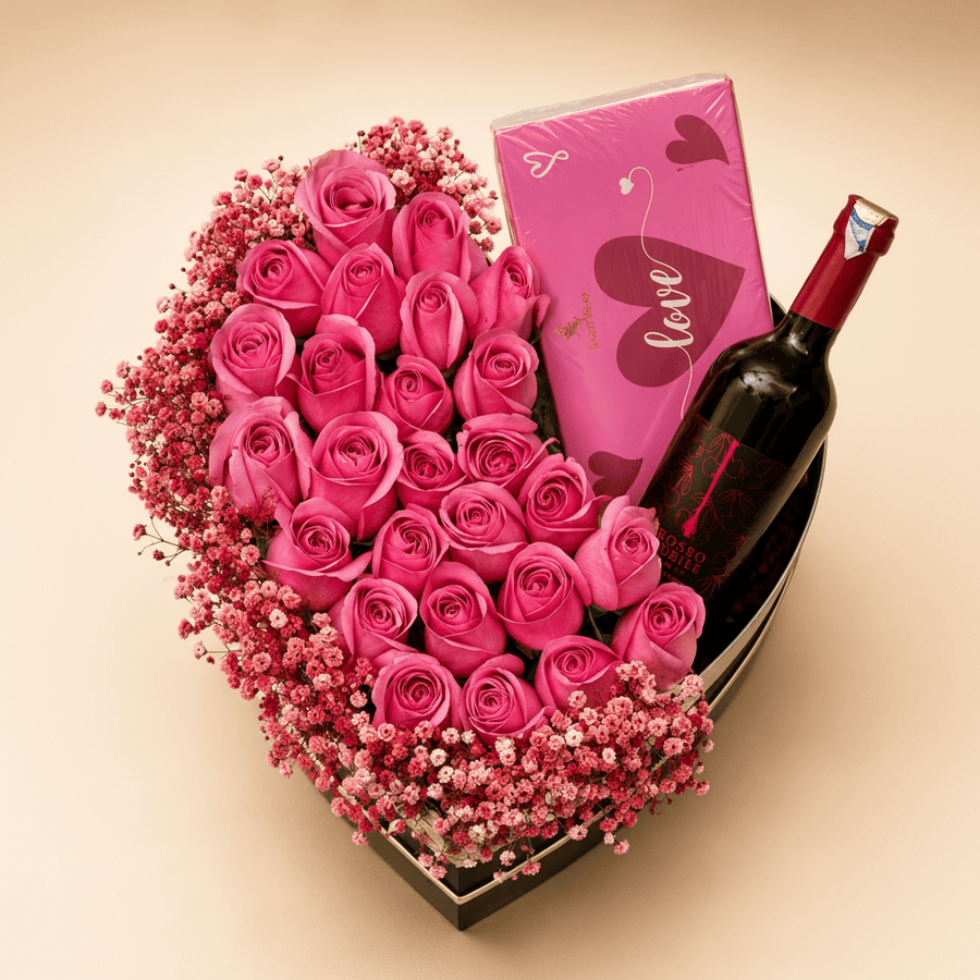 Blooms & Gifts Rose Petal Pink Heart Box with Baby Pink Roses, Love Chocolate & Rosso Nobile Wine