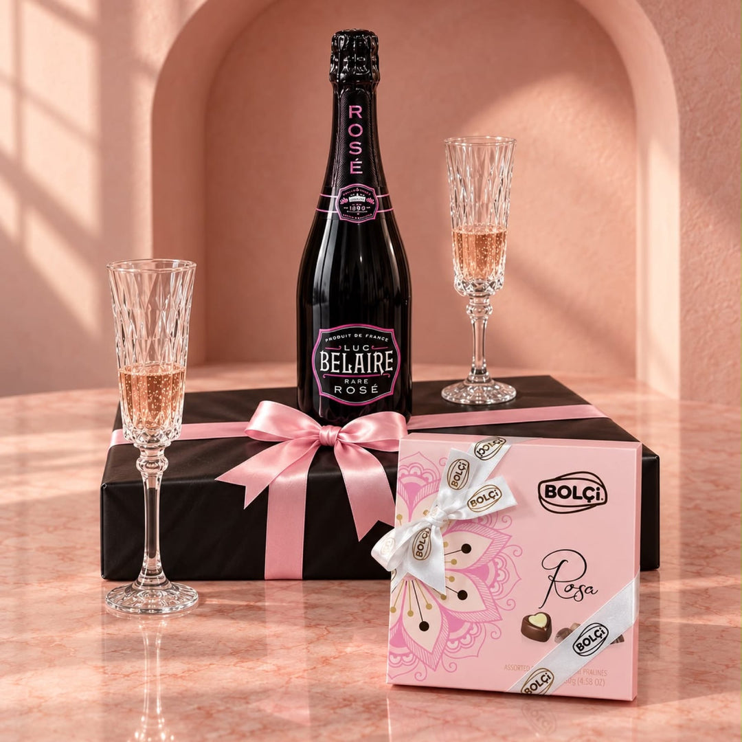 Blooms & Gifts Rosé Rendezvous Belaire Rare Rosé & Bolci Rosa Moments Hamper