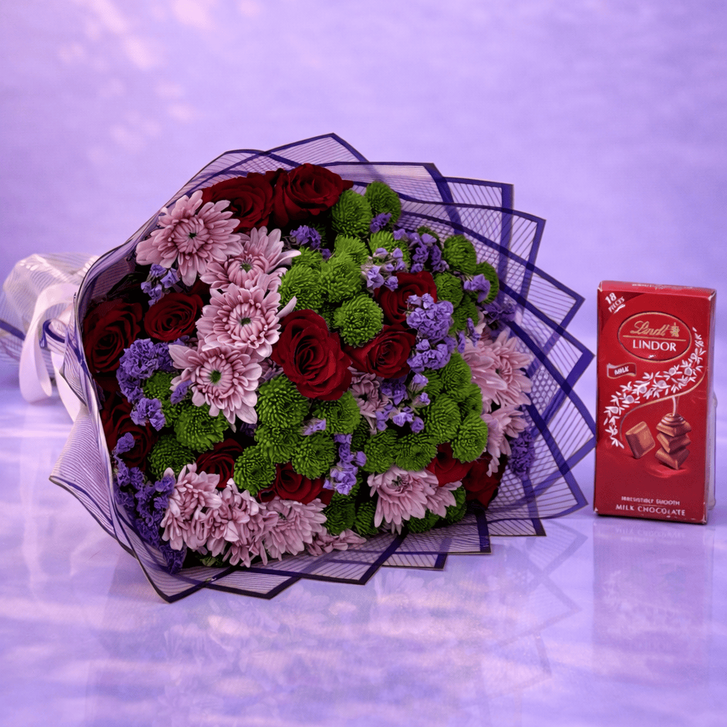 Blooms & Gifts Rouge Bloom Roses & Mums Bouquet with Chocolate