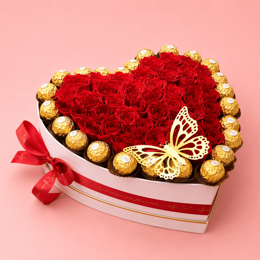 Blooms & Gifts Royal Affair White Heart Box, 100 Red Roses & Ferrero Rocher