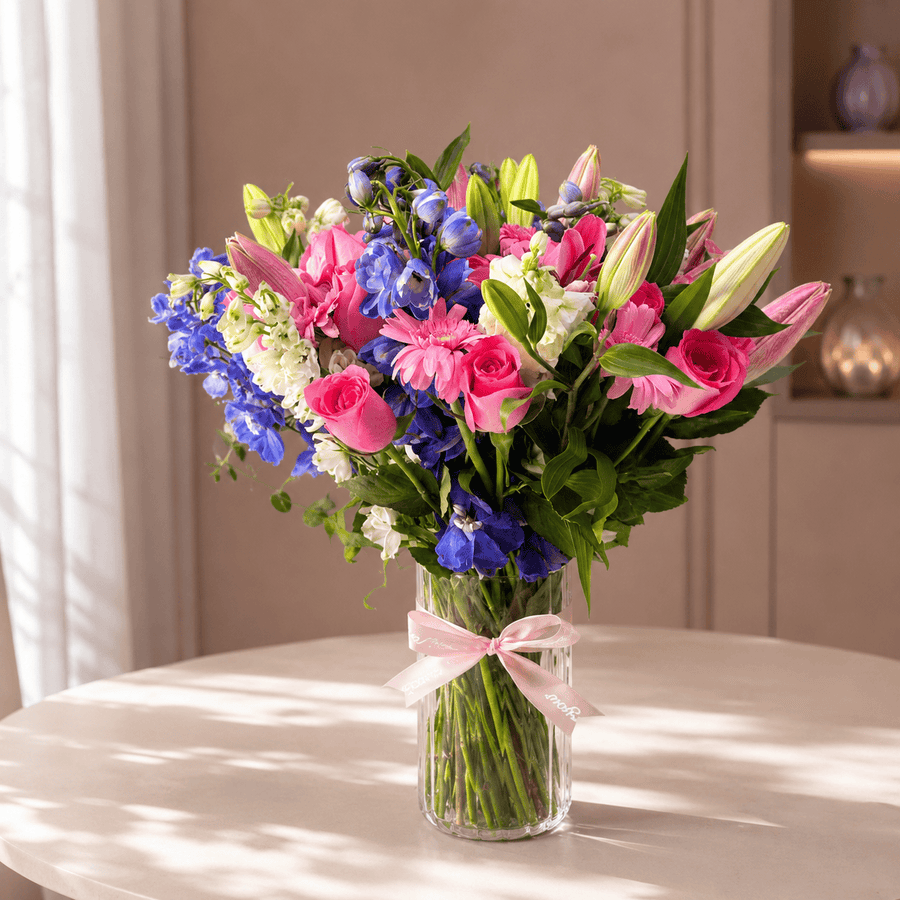 Blooms & Gifts Serene Grace Pink Lily, Delphinium & Baby Pink Rose Vase