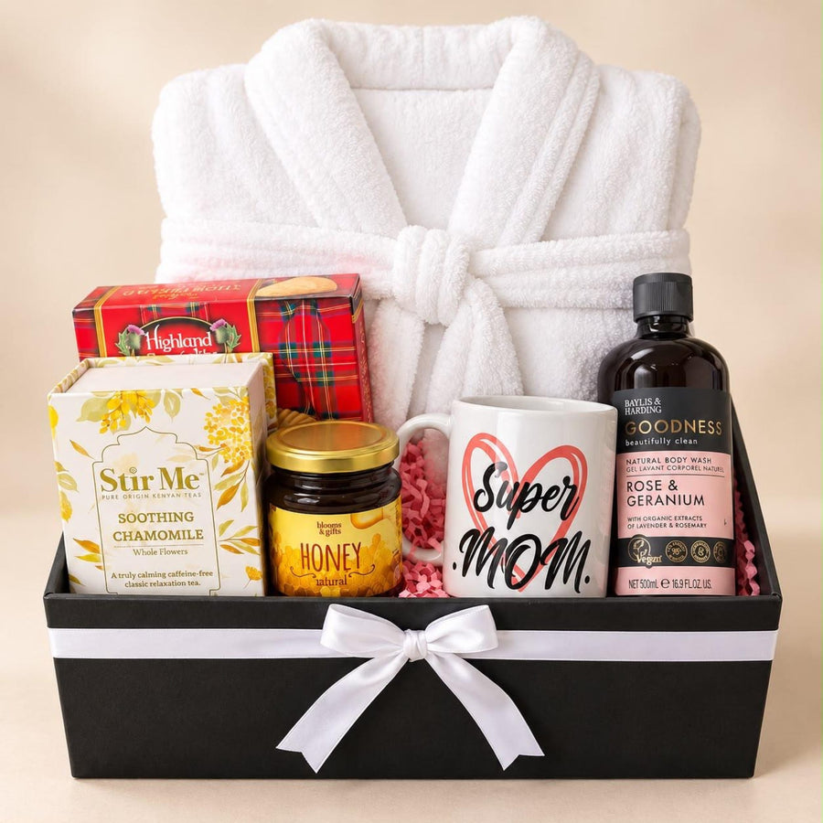 Blooms & Gifts Serene Sunday White Bath Robe Hamper with Super Mom Mug, Honey & Chamomile Tea