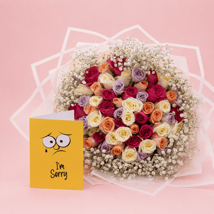 Blooms & Gifts Sincère White, Hot Pink & Orange Rose Bouquet with Sorry Card