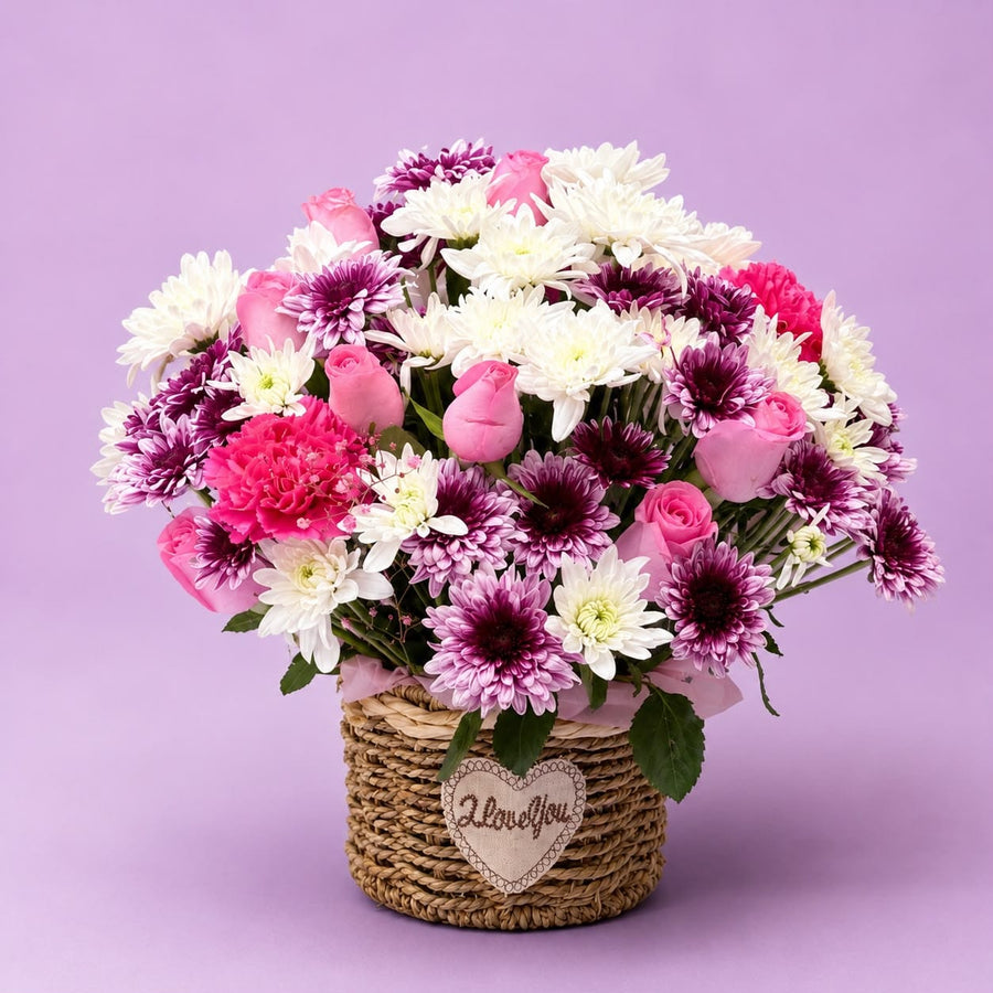 Blooms & Gifts Soft Petals Mums, Pink Roses & Carnations Basket