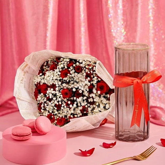 Blooms & Gifts Stop & Stare Red Roses & Gypsophila Vase Arrangement