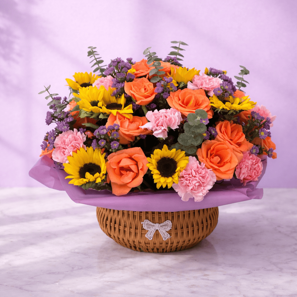 Blooms & Gifts Sunlit Garden Roses, Sunflowers & Carnations Basket