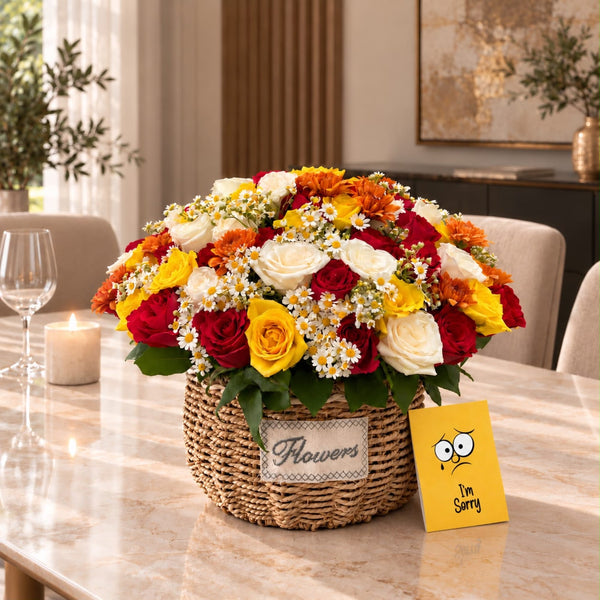 Blooms & Gifts Sunny Side Red, Yellow & White Rose Basket with Gold Mums & Daisies