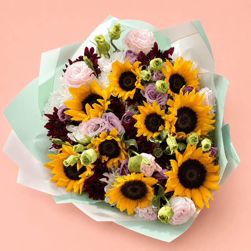 Blooms & Gifts Sunset Garden Sunflower, Blush & Purple Rose Bouquet