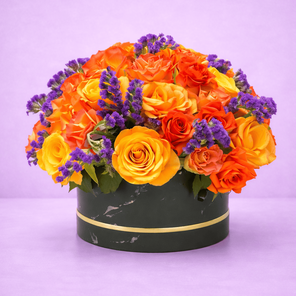 Blooms & Gifts Sunset in a Box Orange Roses & Purple Statice Flower Bouquet