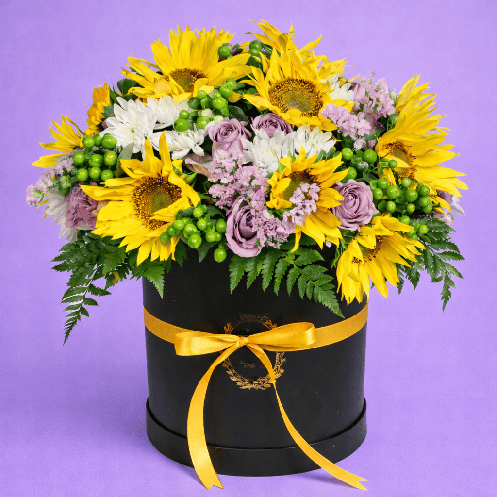Blooms & Gifts Sunset Serenade Sunflowers & Purple Roses Arrangement