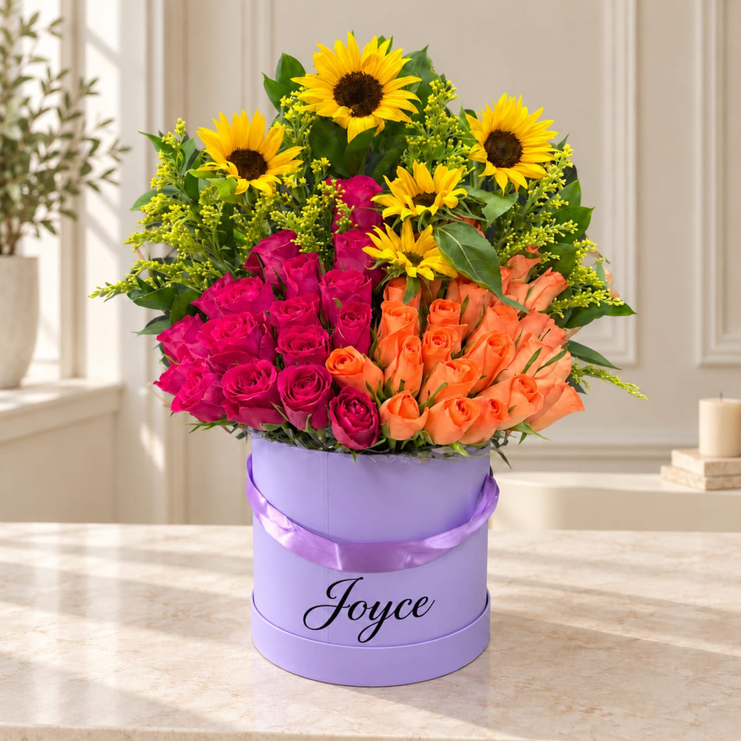 Blooms & Gifts Sunset Sorbet Hot Pink & Orange Rose Sunflower Round Box