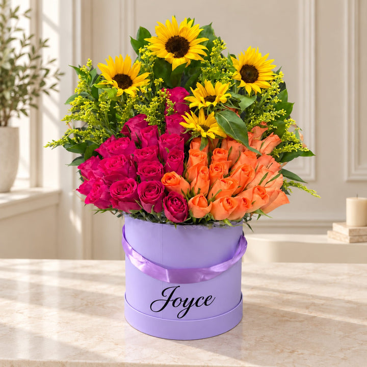 Blooms & Gifts Sunset Sorbet Hot Pink & Orange Rose Sunflower Round Box
