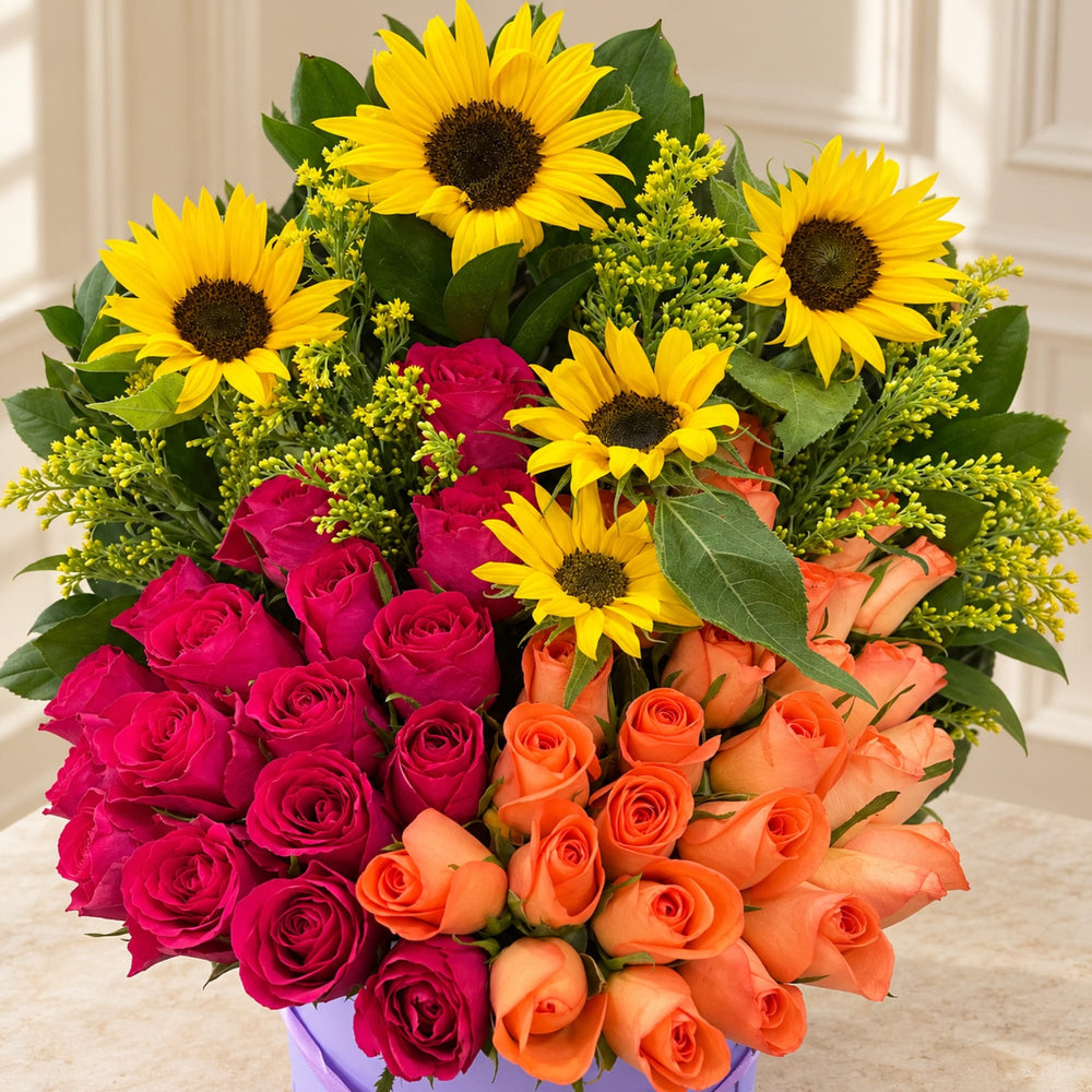 Blooms & Gifts Sunset Sorbet Hot Pink & Orange Rose Sunflower Round Box