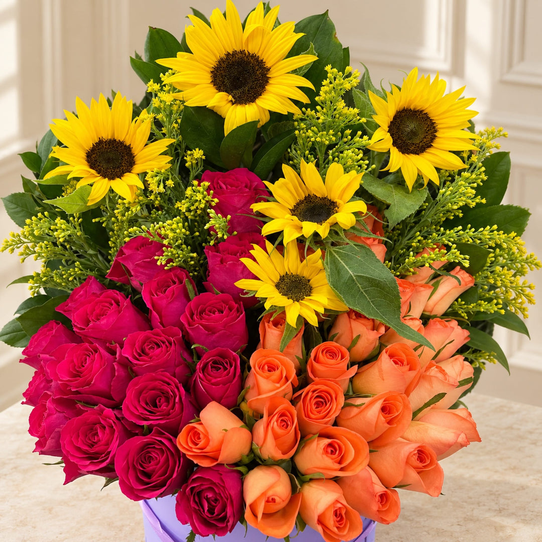 Blooms & Gifts Sunset Sorbet Hot Pink & Orange Rose Sunflower Round Box