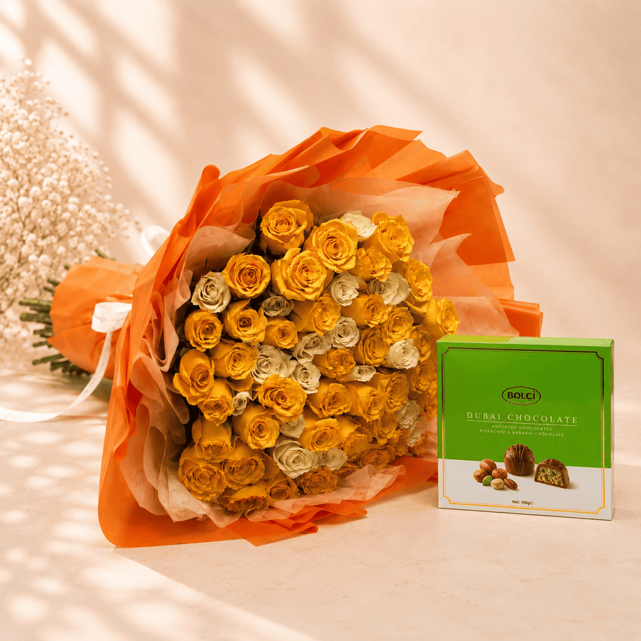 Blooms & Gifts Sunshine & Sweets – Yellow Rose Bouquet & Chocolates