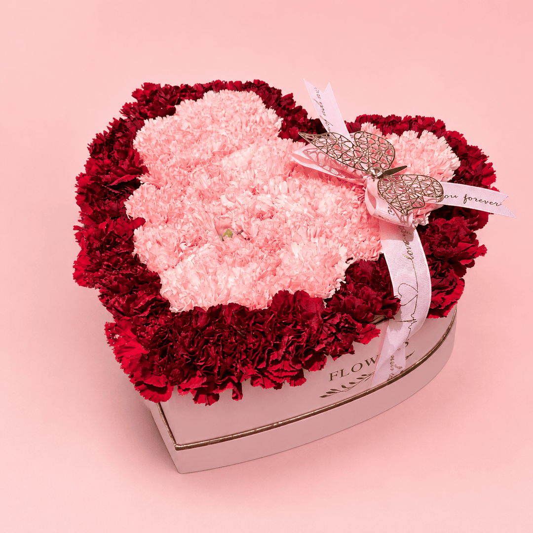 Blooms & Gifts Sweet Carnation White Heart Box with Baby Pink & Red Carnations