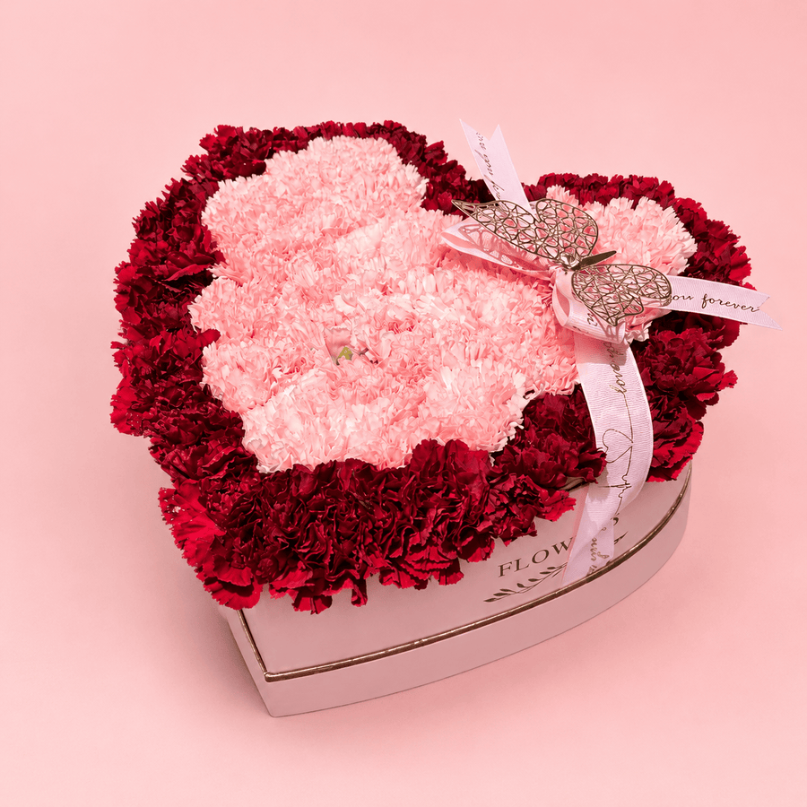 Blooms & Gifts Sweet Carnation White Heart Box with Baby Pink & Red Carnations