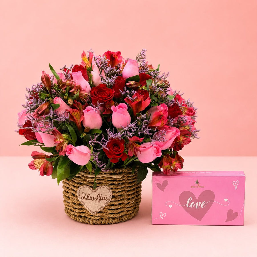 Blooms & Gifts Sweet Love Baby Pink & Red Roses with Chocolate Basket