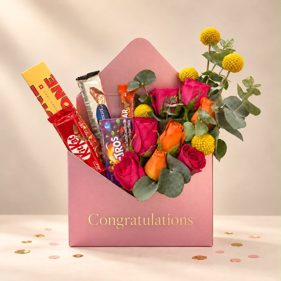 Blooms & Gifts Sweet Success Pink & Orange Rose, Craspedia & Chocolate Envelope Box