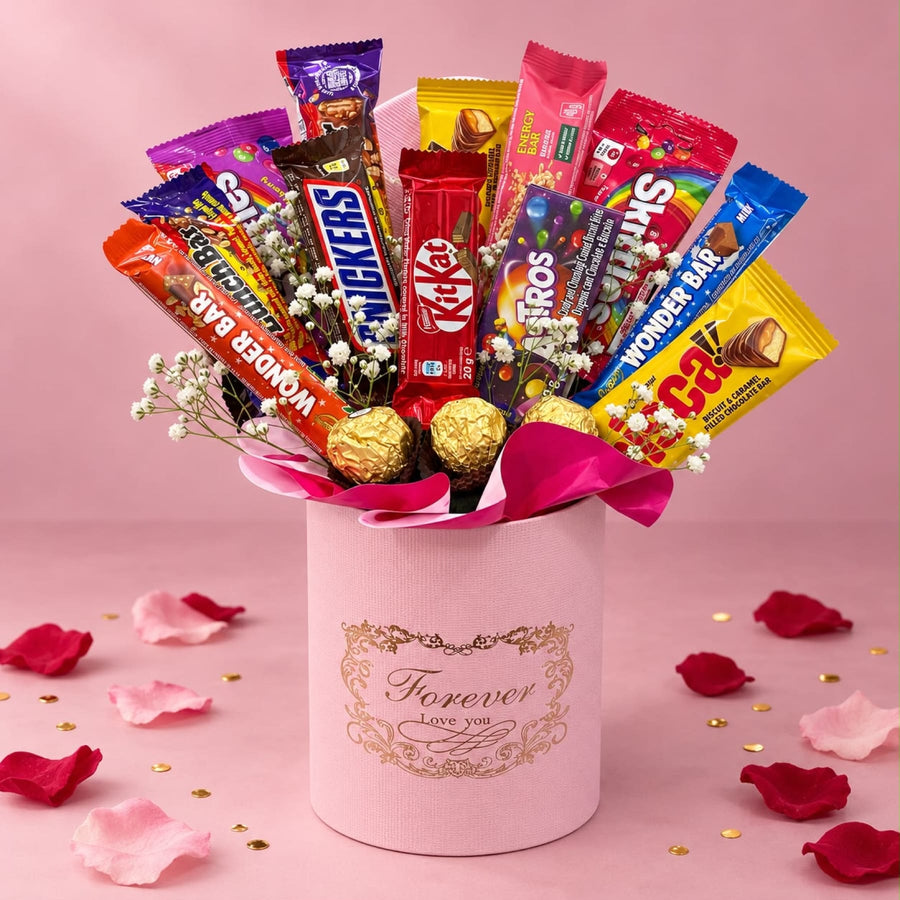 Blooms & Gifts Sweet Tooth Chocolate Bar Bouquet in a Forever Love You Round Box