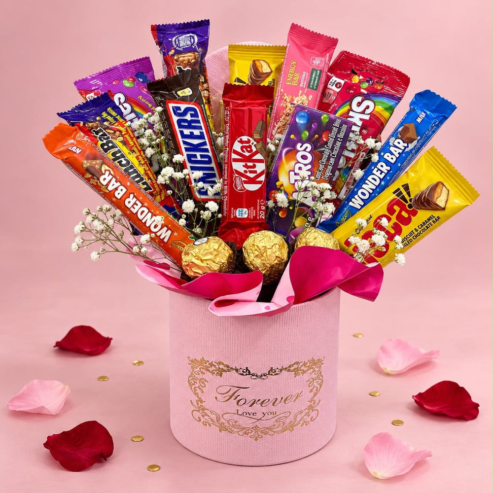 Blooms & Gifts Sweet Tooth Chocolate Bar Bouquet in a Forever Love You Round Box